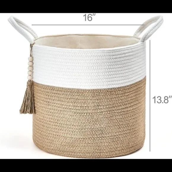 Woven Storage Basket Decorative Natural Rope Basket Wooden Bead16x13